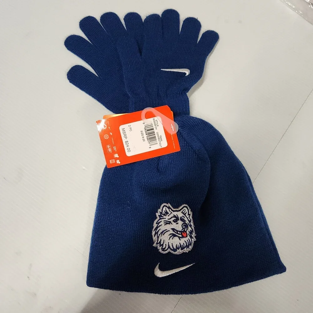 Nike Team Connecticut Huskies UCONN Beanie Gloves Set Size 8-20 Blue 2 Pc 169
